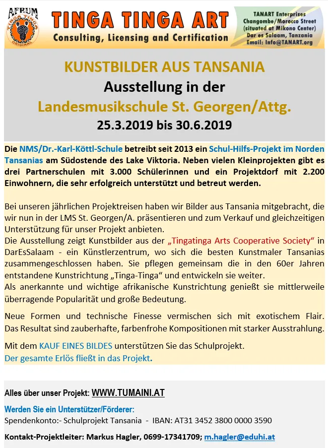Ausstellungsflyer Kunstbilder aus Tansania mit viel Text