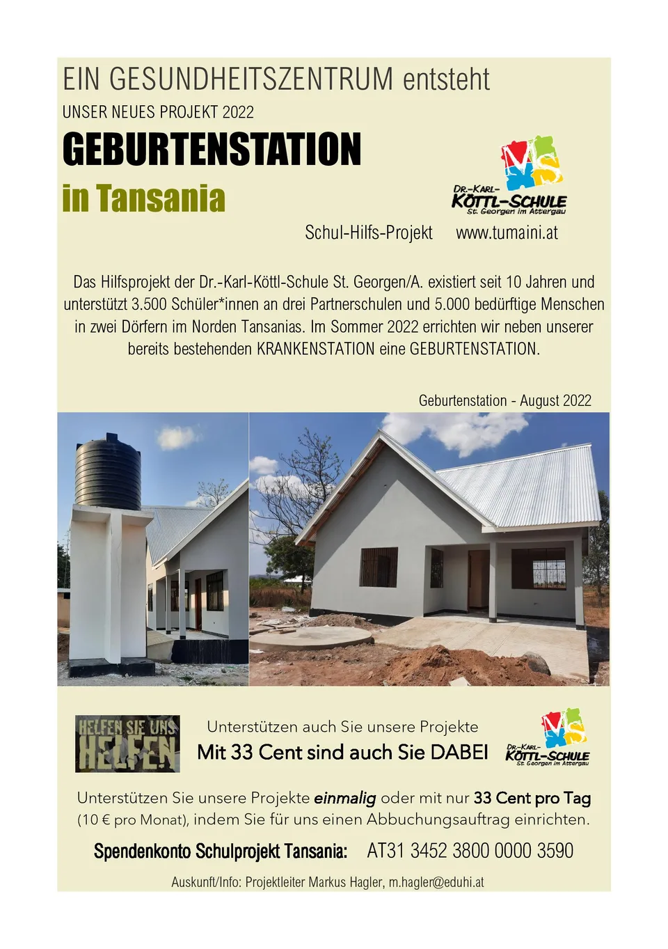 Infoplakat zur Geburtenstation in Tansania mit Foto des neuen Gebäudes